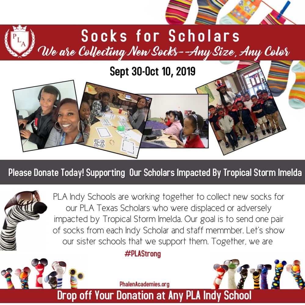 Socks for Scholars PLA donations for Texas scholars impacted by Imelda.  