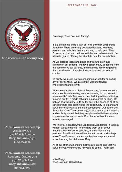 image of the letter from board chair Mike Snuggs. Please click link to view full text.  