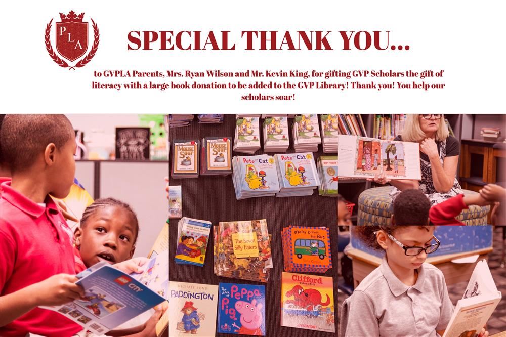 A thank you note to the GVP familiy that donated books along with pictures of our scholars reading.  