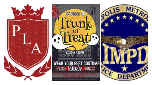 PLA Logo, Trunk or Treat Flyer with date (October 30 5:30pm-7:30 pm) and IMPD logo 